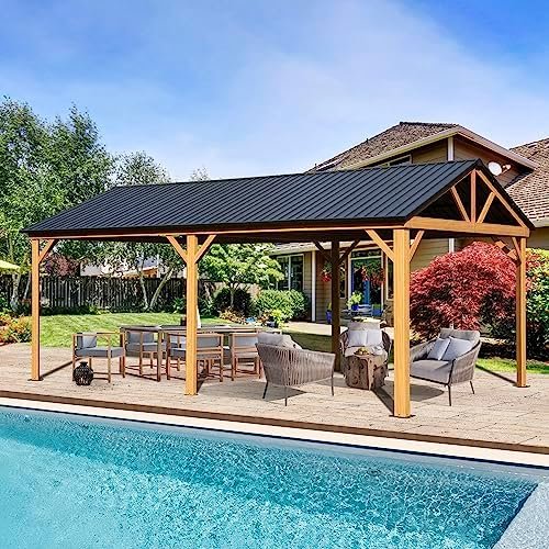Domi Hardtop Gazebo 12' x 20' Metal Roof Gazebo for Patio with Alumium Frame Wooden Like