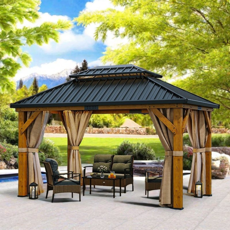 Solid 13ft W x 11ft D Wood Patio Gazebo with Double Roof Hardtop and Curtains Balconera