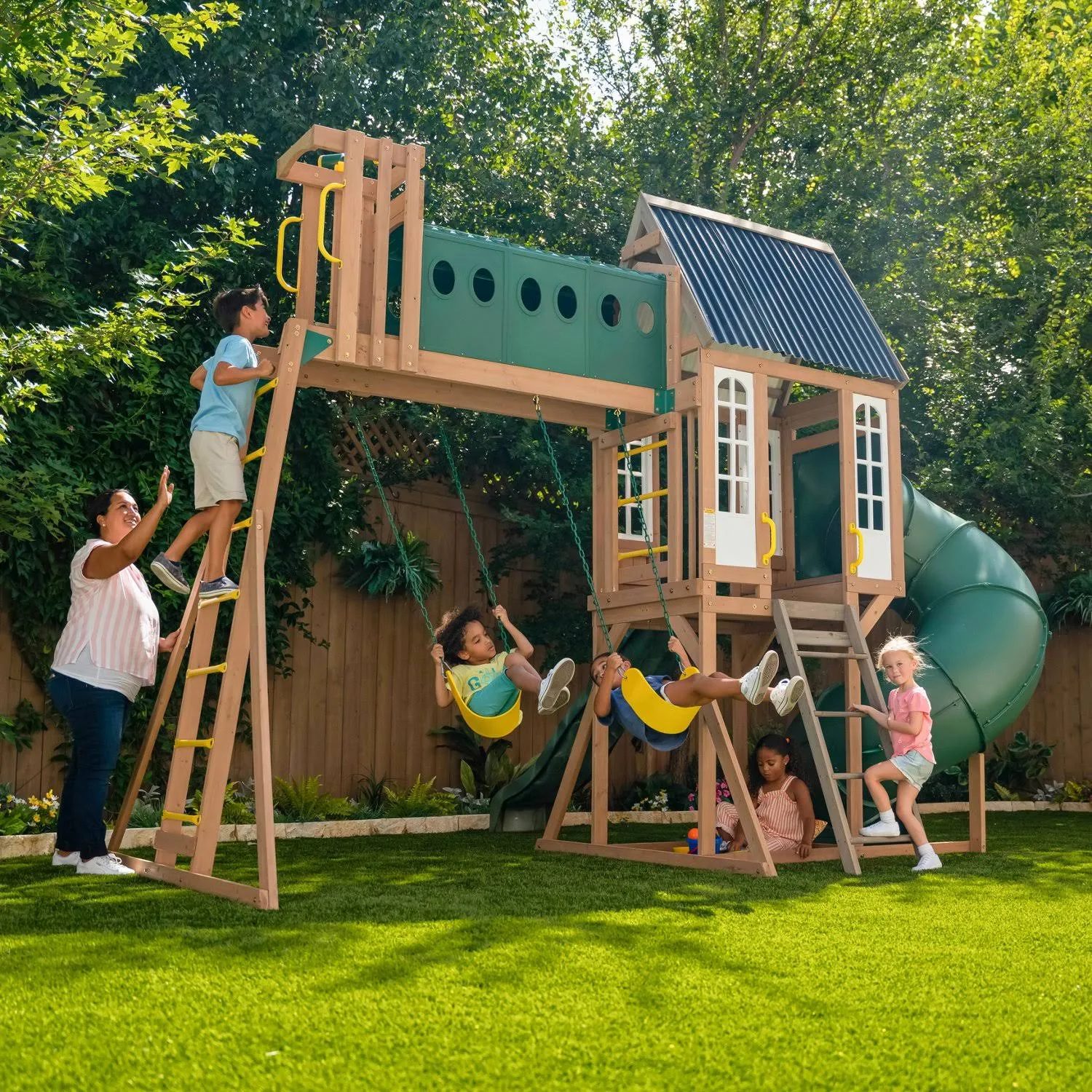 KidKraft Skyway Resort Wooden Outdoor Swing Set, Playset with Tunnel, Tube Slide and Swings
